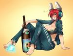  alcohol arm_support barefoot blush breasts cleavage cosmic_break drunk feet headgear highleg highleg_panties large_breasts looking_at_viewer maril_march open_clothes panties red_eyes sake saliva short_hair sitting skj sleeves_pushed_up solo track_suit underwear yellow_eyes 
