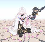  1boy absurdres ahoge center_frills fate/grand_order fate_(series) flower flower_knot frills hair_between_eyes highres holding holding_staff hood hooded_robe long_hair long_sleeves male_focus merlin_(fate) petals ribbon robe smile solo someki_noi staff very_long_hair white_hair white_robe 