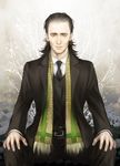  avengers bad_id bad_pixiv_id black_hair formal green_eyes kanapy loki_(marvel) male_focus marvel necktie realistic scarf sitting solo suit symmetry 