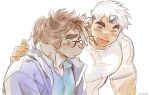  1boy 2boys :d ^_^ akiha_gongen_(housamo) animal_ears bandaid bandaid_on_face bandaid_on_nose bara black_hair blush brown_hair catoblepas_(housamo) closed_eyes furry furry_male glasses hand_on_another&#039;s_shoulder highres horns huge_eyebrows jacket large_pectorals looking_at_another male_focus multicolored_hair multiple_boys muscular muscular_male pectorals polo_shirt ponytail shirt short_hair simple_background single_horn sketch smile snout sweatdrop tokyo_afterschool_summoners twitter_username two-tone_hair upper_body wasp_(anthyutena) white_background white_hair white_shirt 