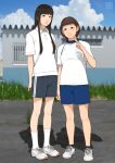  2girls arms_behind_back asian black_hair blurry breasts brown_eyes brown_hair commentary_request depth_of_field dolphin_shorts flat_chest highres light_frown long_hair multiple_girls original polo_shirt shinchou_ni_kansuru_kousatsu shirt shoes short_hair shorts sidelocks small_breasts smile sneakers v white_shirt 