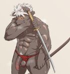 abs anthro asian_clothing balls black_body black_fur bodily_fluids canid canine canis clothing clothing_aside domestic_dog east_asian_clothing facial_scar flaccid fundoshi fundoshi_aside fur genitals hair hi_res japanese_clothing katana lifewonders male mammal melee_weapon muscular muscular_male ninja nipples pecs penis pubes scar solo sweat sword tadatomo_(tas) tokyo_afterschool_summoners underwear underwear_aside vhb3art warrior weapon white_hair