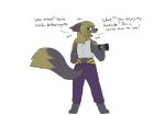 2023 annoyed anthro barefoot bottomwear breasts canid clothing dialogue digital_media_(artwork) english_text feet female hair holding_weights looking_at_viewer looking_back looking_back_at_viewer mammal pants robertge simple_background solo text white_background