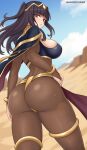  1girl :o absurdres ass black_cape black_eyes black_hair blue_sky blunt_bangs bodystocking bracelet breasts bridal_gauntlets cape circlet cloud commentary day desert fire_emblem fire_emblem_awakening floating_hair from_behind gold_trim hayato_stuff highres jewelry large_breasts long_hair looking_at_viewer outdoors sand sidelocks sky solo tharja_(fire_emblem) two_side_up 