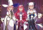  3girls :d absurdres aesc_(fate) baobhan_sith_(fate) blonde_hair blush boots braid breasts cleavage closed_eyes fangs fate/grand_order fate_(series) glasses grey_eyes hair_ornament hair_over_shoulder hat highres holding_hands ma_(user_tttp4245) morgan_le_fay_(fate) multiple_girls pointy_ears red_footwear red_hair round_eyewear single_braid smile thigh_boots witch_hat 