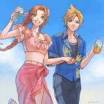  1boy 1girl aerith_gainsborough aerith_gainsborough_(floral_delight) aireborn animal_print aqua_eyes belt bird_print black_male_swimwear black_shirt black_shorts blonde_hair blue_shirt blue_sky braid braided_ponytail breasts brown_hair chocobo cleavage closed_mouth cloud_strife cloud_strife_(ocean_chocobo) collared_shirt couple cowboy_shot crop_top cup drink final_fantasy final_fantasy_vii final_fantasy_vii_rebirth final_fantasy_vii_remake flower frilled_sleeves frills green_eyes hair_flower hair_ornament hair_ribbon hawaiian_shirt hetero holding holding_cup holding_drink holding_hands interlocked_fingers light_blush long_hair male_swimwear medium_breasts official_alternate_costume open_mouth outdoors parted_bangs pink_belt pink_flower pink_ribbon pink_sarong pink_shirt pink_skirt print_shirt ribbon shirt shirt_under_shirt short_hair shorts side_slit sidelocks single_braid skirt sky sleeves_rolled_up smile spiked_hair twitter_username wavy_hair white_footwear 