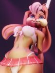 3d_(artwork) anthro blonde_hair blue_eyes bottomwear breasts brown_body brown_fur buckteeth clothing dancing digital_media_(artwork) eyelashes female fur hair head_tuft hi_res katsu_sn lagomorph leporid lola_bunny long_ears looney_tunes low-angle_view mammal miniskirt navel navel_piercing panties piercing pole pole_dancing purple_background rabbit red_bottomwear red_clothing red_skirt simple_background skirt smile solo tan_body tan_fur teeth thick_thighs topwear tuft underwear warner_brothers white_clothing white_panties white_topwear white_underwear wide_hips