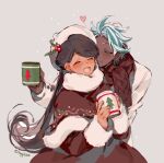  aqua_hair brown_capelet brown_dress brown_scarf capelet closed_eyes cocoa_cookie cookie_run cup dark-skinned_female dark-skinned_male dark_skin dress fur-trimmed_capelet fur-trimmed_dress fur_trim grey_background hands_up happy hetero holding holding_cup humanization kiss kissing_cheek mint_choco_cookie mug multicolored_hair open_mouth sapphire_(nine) scarf simple_background smile snow streaked_hair white_hair 