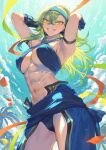  1girl abs arm_guards armpits arms_behind_head arms_up bare_shoulders biceps blue_sky breasts elbow_gloves fingerless_gloves gloves green_eyes green_hair grin hairband highres large_breasts lecia_(hijiri_kishi_sonia-san) long_hair looking_at_viewer mashuu_(neko_no_oyashiro) muscular muscular_female navel original ponytail sky smile solo thighs 