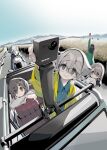  5girls afro_(kngotezo) black_hair blue_eyes brown_eyes camera car cat character_request commentary_request day glasses grey_eyes grey_hair highres long_hair mono_(afro) motor_vehicle mountainous_horizon multiple_girls official_art outdoors short_hair white_cat 