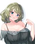  1girl absurdres arada_(corsair_zero) bare_shoulders breasts cleavage collarbone green_hair heterochromia highres idolmaster idolmaster_cinderella_girls large_breasts looking_at_viewer mole mole_under_eye off-shoulder_shirt off_shoulder shirt short_hair simple_background solo takagaki_kaede upper_body white_background 