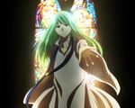  bad_id bad_pixiv_id enkidu_(fate/strange_fake) fate/strange_fake fate_(series) green_eyes green_hair long_hair male_focus outstretched_arm outstretched_hand ronpa96pepe solo stained_glass 