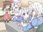  3girls ahoge apron bat_wings blue_eyes blush book bow braid brown_hair cup detached_sleeves glasses hair_bow hair_tubes hakurei_reimu hat hat_ribbon ibuki_(clover_club) izayoi_sakuya japanese_clothes long_hair long_sleeves maid_headdress mary_janes morichika_rinnosuke multiple_girls open_mouth pocket_watch remilia_scarlet ribbon shoes short_hair silver_hair table teacup touhou twin_braids watch wings yellow_eyes 