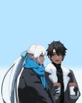  1boy 1girl black_gloves black_hair blue_bow blue_eyes blue_scarf bow braid cup disposable_cup fate/grand_order fate_(series) french_braid fujimaru_ritsuka_(male) fur_trim gloves grey_hair hair_bow highres holding jacket long_hair long_sleeves morgan_le_fay_(fate) open_mouth paperpillar ponytail scarf short_hair sidelocks smile very_long_hair winter_clothes 