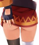  1girl ass ass_focus asymmetrical_legwear belt black_gloves black_thighhighs brown_belt dress fingerless_gloves from_behind gloves hand_on_own_ass kono_subarashii_sekai_ni_shukufuku_wo! long_sleeves megumin mismatched_legwear nonaka_ritsu red_dress simple_background solo standing thighhighs underbutt white_background white_thighhighs 