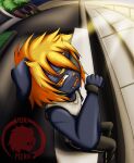 amputee anthro blonde_hair blue_body blue_fur canid clothed clothing disability eye_patch eyewear fur hair hi_res looking_at_viewer male mammal smile sol(voramera) solo sunrise voramera yellow_eyes