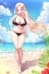  1girl absurdres beach bikini black_bikini blonde_hair blue_sky breasts cleavage closed_mouth cloud collarbone commission dadamyu day elf feet highres jacket large_breasts legs long_hair looking_at_viewer ocean original outdoors pointy_ears purple_eyes see-through see-through_jacket sky smile solo standing summer swimsuit thighs very_long_hair white_jacket 