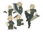  1boy absurdres armor baggy_pants belt black_footwear blonde_hair blue_eyes blue_pants blue_shirt boots brown_belt brown_gloves buster_sword closed_eyes cloud_strife dododo final_fantasy final_fantasy_vii final_fantasy_vii_rebirth final_fantasy_vii_remake gloves hair_between_eyes hand_in_own_hair hand_to_own_mouth highres holding holding_sword holding_weapon male_focus multiple_belts multiple_views pants shirt short_hair shoulder_armor shrugging single_bare_shoulder single_shoulder_pad sleeveless sleeveless_turtleneck solo spiked_hair suspenders sword turtleneck weapon white_background 
