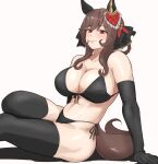  1girl alternate_costume animal_ears bare_shoulders bikini black_bikini black_gloves black_thighhighs braided_hair_rings breasts brown_hair cleavage closed_mouth commentary_request ear_covers ear_ornament elbow_gloves front-tie_bikini_top front-tie_top gentildonna_(umamusume) gloves highres horse_ears horse_girl horse_tail large_breasts long_hair miya_nns35 navel red_eyes side-tie_bikini_bottom simple_background sitting smile solo swimsuit tail thighhighs umamusume white_background 