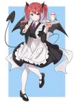  1girl absurdres apron black_dress black_footwear black_wings blue_background blue_eyes blush closed_mouth collared_dress commentary_request cup demon_girl demon_tail demon_wings dress frilled_apron frills full_body highres holding holding_tray honorikiti juliet_sleeves long_hair long_sleeves maid original pantyhose puffy_sleeves red_hair saucer shoes smile solo standing standing_on_one_leg tail teacup teapot tray twintails two-tone_background white_apron white_background white_pantyhose wings 