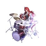  1boy argenti_(honkai:_star_rail) drum drum_set grey_vest highres holding honkai:_star_rail honkai_(series) instrument jacket long_hair long_sleeves looking_at_viewer male_focus official_art pants red_hair shoes sitting smile solo transparent_background very_long_hair vest white_footwear white_jacket white_pants 