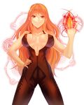  bad_id bad_pixiv_id breasts brown_eyes brown_hair cleavage fire hand_on_hip highres ktsis large_breasts long_hair magic_circle original smile solo 