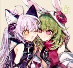  2girls ahoge animal_ears black_dress blush cat_ears cheek-to-cheek closed_mouth dress eiruby_(forever_7th_capital) forever_7th_capital green_hair heads_together hood hood_up hoodie long_hair medium_hair mila_(forever_7th_capital) multiple_girls one_eye_closed open_mouth pink_eyes pink_scarf purple_dress rabbit_ears sapphire_(nine) scarf sleeveless sleeveless_dress smile twintails very_long_hair white_hair white_hoodie yellow_eyes 