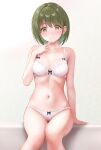  1girl absurdres arm_support bare_legs blush bra breasts ca_paria collarbone feet_out_of_frame green_eyes green_hair highres idolmaster idolmaster_shiny_colors light_smile looking_at_viewer nanakusa_nichika navel panties short_hair sitting small_breasts solo stomach underwear underwear_only white_bra white_panties 