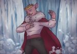 2021 anthro biped cape clothed clothing crown detailed_background domestic_pig dream_smp fur headgear hooves jalle male mammal open_mouth outside pink_body pink_fur shaded solo standing suid suina sus_(pig) technoblade tusks waterfall