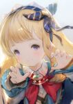  1girl ascot backlighting blonde_hair blurry blush cagliostro_(granblue_fantasy) cagliostro_(youthful_uniform)_(granblue_fantasy) child claw_pose closed_mouth collared_shirt commentary_request depth_of_field eyelashes granblue_fantasy hairband head_tilt highres long_hair long_sleeves looking_at_viewer nail_polish official_alternate_costume palms purple_eyes shiratsuyu_mone shirt smile solo upper_body white_shirt 