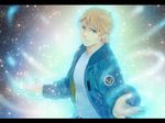  blonde_hair blue_eyes blue_jacket bomber_jacket glowing glowing_eyes jacket keith_goodman letterboxed light_particles male_focus morino_mizu solo tiger_&amp;_bunny 