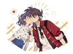  1boy 1girl black_hair blue_hair braid braided_ponytail closed_eyes couple heart hetero highres kiss kissing_cheek open_mouth ranma_1/2 saotome_ranma short_hair siyer_(siyeyeyeyer) sunglasses tendou_akane 