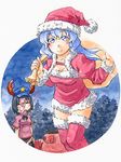  antlers blue_eyes blue_hair christmas hat kaku_seiga kawachi_koorogi long_hair miyako_yoshika mole multiple_girls ofuda reindeer_antlers sack santa_costume santa_hat sleeping sleigh smile star thighhighs touhou traditional_media watercolor_(medium) 