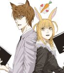  1boy 1girl amane_misa animal_ears back-to-back blonde_hair blush book breasts brown_eyes brown_hair carrot cat_boy cat_ears collared_shirt death_note death_note_(object) fur-trimmed_jacket fur_trim furrowed_brow grey_jacket hair_between_eyes half_updo holding holding_book jacket japtangtang2 kemonomimi_mode looking_at_another medium_breasts medium_hair parted_lips pinstripe_jacket pinstripe_pattern rabbit_ears rabbit_girl shirt short_hair short_twintails smile spoken_food suit_jacket twintails upper_body white_background white_shirt yagami_light 