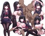  1boy 1girl absurdres armpits bald black_choker black_hair black_pantyhose black_pubic_hair black_sailor_collar black_serafuku breasts choker cleavage colored_inner_hair commentary_request elze_(s01047480836) female_pubic_hair fingering hetero highres kiss korean_commentary large_breasts licking licking_armpit long_sleeves looking_at_viewer midriff multicolored_hair multiple_views navel neckerchief nipple_stimulation nipple_tweak nipples original pantyhose pubic_hair pussy red_eyes red_hair red_neckerchief sailor_collar school_uniform serafuku simple_background sitting spread_legs standing torn_clothes torn_pantyhose two-tone_hair white_background 