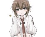  1girl blush brown_hair capelet closed_mouth commentary emoji flying_sweatdrops frown green_eyes hair_between_eyes looking_at_viewer medium_hair necktie pleading_face_emoji red_necktie retugo_asa school_uniform sketch solo subarashiki_hibi tachibana_kimika tears upper_body v_arms white_capelet 