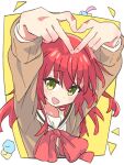  1girl :d arms_up bocchi_the_rock! border bow bowtie brown_cardigan cardigan commentary cube_hair_ornament dot_nose floating_hair gotoh_hitori hair_between_eyes hair_ornament happy heart heart_hands highres kita_ikuyo light_blush long_hair long_sleeves looking_at_viewer one_side_up red_bow red_bowtie red_hair school_uniform shuka_high_school_uniform simple_background sinpasinsy sleeve_cuffs smile solo standing through_medium two-tone_background white_border yellow_background 