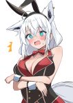  1girl ^^^ absurdres ahoge animal_ear_fluff animal_ears blush braid breast_lift breasts bunny_garden cleavage commentary_request cosplay earrings extra_ears fake_animal_ears fox_ears fox_girl fox_tail green_eyes hair_between_eyes highres hololive jewelry kana_(bunny_garden) kana_(bunny_garden)_(cosplay) long_hair looking_at_viewer medium_breasts open_mouth rabbit_ears shirakami_fubuki shirokuma_pino shirt sidelocks simple_background single_braid sleeveless sleeveless_shirt solo sweatdrop tail virtual_youtuber white_background white_hair wrist_cuffs 