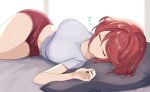  1girl breasts chest_jewel highres large_breasts midriff navel on_bed one_eyes_closed pants pillow plum_ssbu pyra_(xenoblade) red_hair red_pants shirt short_sleeves sleeping solo white_shirt xenoblade_chronicles_(series) xenoblade_chronicles_2 zzz 