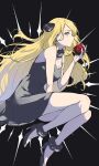  1girl anidf bare_shoulders black_dress black_footwear blonde_hair breasts cynthia_(pokemon) dress flower fur_trim grey_eyes hair_ornament hair_over_one_eye high_heels highres holding large_breasts long_hair looking_at_viewer pokemon pokemon_dppt rose sleeveless solo very_long_hair 