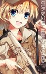  assault_rifle blonde_hair blue_eyes bushmaster_acr gun hat holding holding_gun holding_weapon matsuno_canel open_mouth original rifle shirt smile solo strap_pull trigger_discipline weapon 