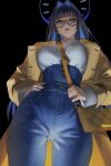  1girl absurdres aragiken black_background blue_eyes blue_hair blue_pants blunt_bangs breasts brown_coat coat colored_inner_hair crotch_seam denim eyelashes from_below glasses hair_intakes halo hand_on_own_hip high-waist_pants highres hololive hololive_english jeans large_breasts long_hair long_sleeves looking_at_viewer mechanical_halo multicolored_hair official_alternate_costume official_alternate_hair_length official_alternate_hairstyle ouro_kronii ouro_kronii_(casual) pants parted_lips solo standing sweater sweater_tucked_in trench_coat turtleneck very_long_hair virtual_youtuber white_sweater 