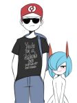 :3 age_difference backpack black_clothing black_shirt black_topwear blush bottomwear clothing duo english_text eyewear female generation_3_pokemon half-closed_eyes hand_in_pocket hat headgear headwear hi_res horn human humanoid kirlia looking_at_viewer male mammal meme narrowed_eyes nintendo pants pockets pokemon pokemon_(species) saltyxodium shiny_pokemon shirt simple_background size_difference smile smug sunglasses text text_on_clothing topwear white_background white_body