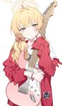  1girl blonde_hair blue_archive blush coat electric_guitar fender_stratocaster guitar hair_ribbon halo highres hugging_object instrument looking_at_viewer red_coat ribbon shirt simple_background solo sweatdrop twintails white_background white_shirt yoshimi_(band)_(blue_archive) yoshimi_(blue_archive) you_guo_chaocai 