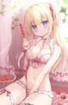  1girl bare_shoulders basket between_breasts between_legs blonde_hair blue_eyes blush bow bow_bra bra breasts closed_mouth collarbone commentary_request food frilled_bra frilled_panties frills fruit hair_ribbon hand_between_legs highres holding holding_food long_hair looking_at_viewer medium_breasts miyasaka_naco navel one_side_up original panties pink_bra pink_panties pink_ribbon ribbon smile solo strawberry underwear underwear_only 