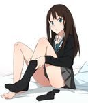  bad_id bad_pixiv_id barefoot black_legwear blue_eyes blush brown_hair cardigan feet full_body idolmaster idolmaster_cinderella_girls jewelry legs long_hair necklace necktie parted_lips pillow school_uniform shibuya_rin simple_background single_sock sitting skirt sock_pull socks solo white_background yuuhi_(ages) 