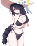  1girl \||/ absurdres arms_under_breasts bikini black_bikini black_choker black_hair blue_archive blush breasts choker cleavage collarbone cowboy_shot cross cross_earrings crossed_arms earrings embarrassed flower hair_over_one_eye halo hasarang hat hat_flower highres hinata_(blue_archive) hinata_(swimsuit)_(blue_archive) jewelry large_breasts long_hair multi-tied_hair navel official_alternate_costume open_mouth red_eyes side-tie_bikini_bottom small_sweatdrop solo straw_hat swimsuit very_long_hair wavy_mouth yellow_halo 