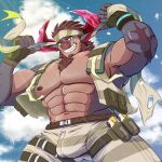 abs accessory anthro biceps body_hair brown_body brown_fur bulge chest_hair clothing fur grin hair headband hi_res lifewonders male muscular muscular_anthro muscular_male nipples obsidius pecs red_hair shirtless smile solo thigh_strap to_hakuto topwear vest
