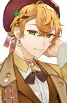  1boy beret blonde_hair braid brown_hair collared_shirt earrings fragaria_memories green_eyes hand_on_own_head hat highres jacket jewelry lapel_pin looking_at_viewer male_focus multicolored_hair noko_(meityoko73) puruth_(fragaria_memories) shirt short_hair smile solo streaked_hair suit upper_body 