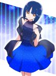  1girl black_shawl blue_dress blue_hair bob_cut dress formal hair_ornament highres looking_at_viewer parted_lips polka_dot polka_dot_dress precure shawl shiratori_yuriko short_dress short_hair sleeveless sleeveless_dress smile solo standing star_(symbol) star_hair_ornament tropical-rouge!_precure usoco yellow_eyes 